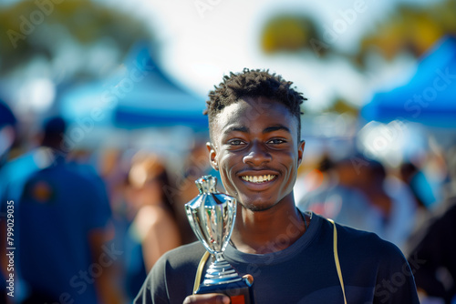 black african recipient holding the trophy he won in event photo