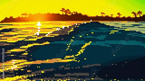Golden Sunset Over Pixelated Waters - golden hues reflecting off ocean, 4K animation pixel art