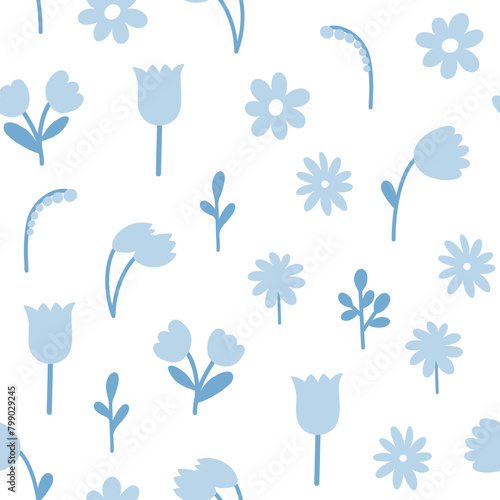 Simple blue flowers seamless pattern. Hand drawn cute floral allover illustration. Wild flowers silhouettes scattered on white background. Flat doodle botanical elements  © Shakhnoza