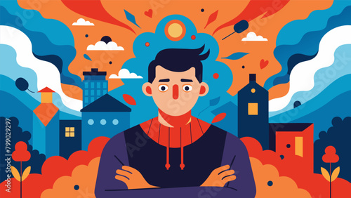A street artist with anxiety creates powerful and visually striking murals that bring attention to mental health and societal stigmas.. Vector illustration