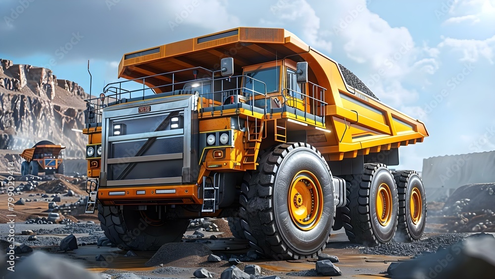 Mining dump truck loading coal at open-pit mine for mineral extraction in yellow hue. Concept Mining, Dump Truck, Coal Extraction, Open-Pit Mine, Mineral Extraction
