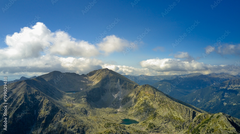 Mountain lakes from a drone aerial photography. The highest peak Musala in the Balkans in Bulgaria, height 2925 meters. Mountain lakes, mountain huts and the spirit of travel Mountain lakes from a drone aerial photography. The highest peak Musala in the Balkans in Bulgaria, height 2925 meters. Mountain lakes, mountain huts and the spirit of travel