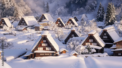 The golden hour casts a warm glow on snow-laden traditional thatched roofs of a quiet Japanese village photo
