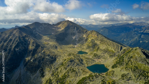 Mountain lakes from a drone aerial photography. The highest peak Musala in the Balkans in Bulgaria, height 2925 meters. Mountain lakes, mountain huts and the spirit of travel