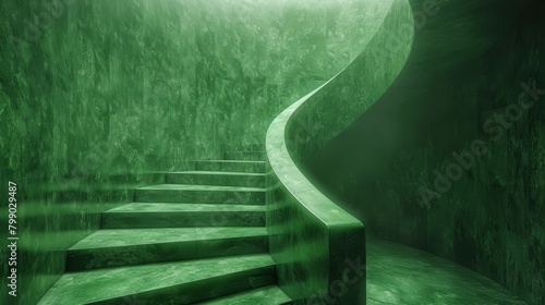   A spiral staircase in a green room One light graces the end of the stairs photo