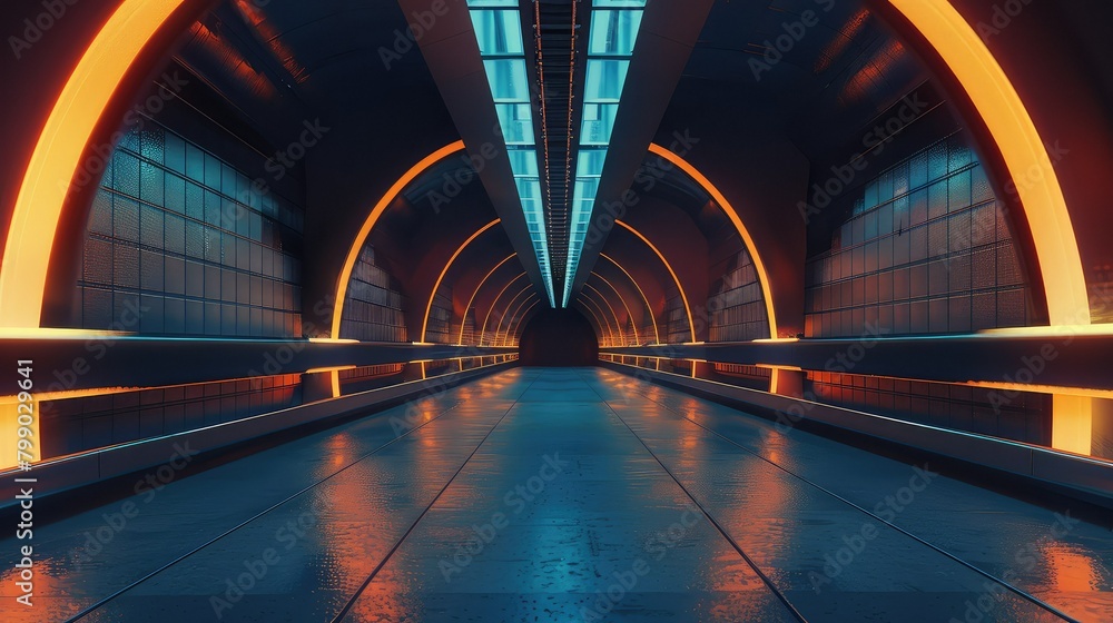 A modern tunnel at night, empty, symmetry, blue and orange color grade. A modern tunnel at night, empty, symmetry, blue and orange color grade.