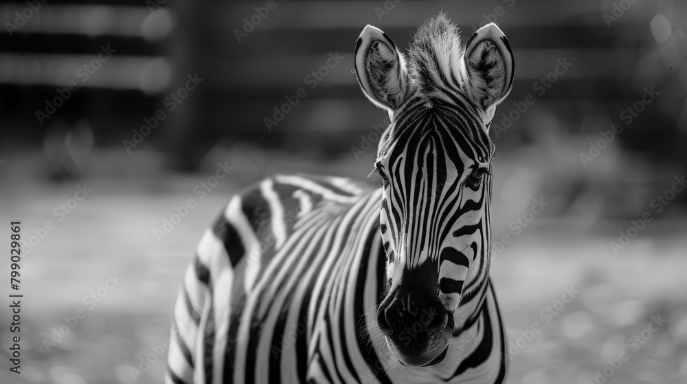 Obraz premium Zebra standing field fence background