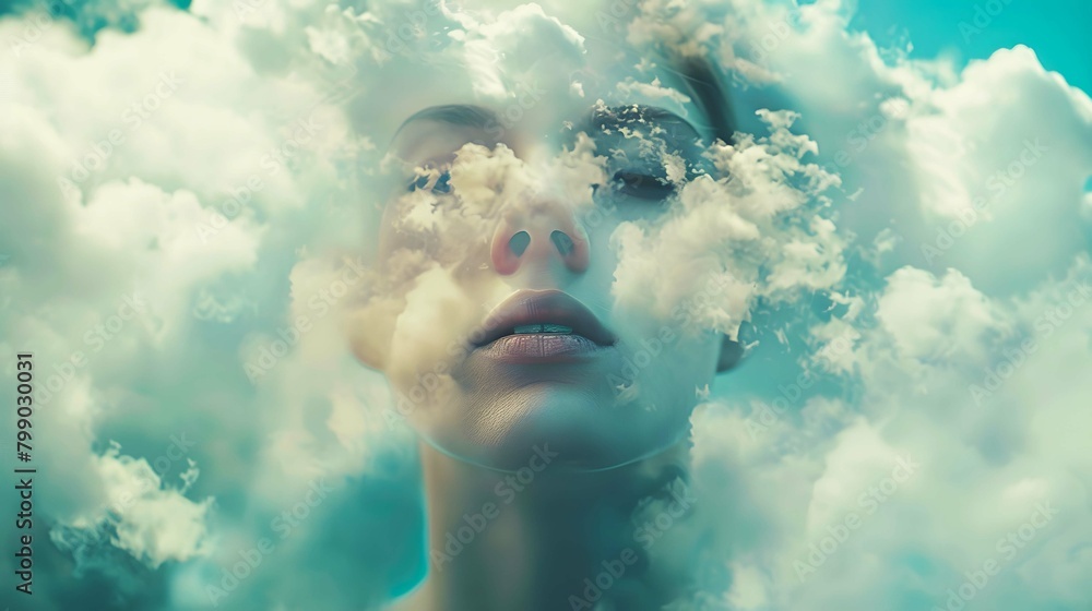 A surrealistic portrait of a person with their head in the clouds, symbolizing imagination A surrealistic portrait of a person with their head in the clouds, symbolizing imagination