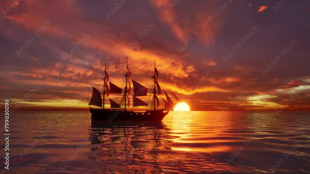Large Medieval Ship On The Sea On A Sunset. The Old Medieval Ship Gracefully Sails In The Open Sea Large Medieval Ship On The Sea On A Sunset. The Old Medieval Ship Gracefully Sails In The Open Sea
