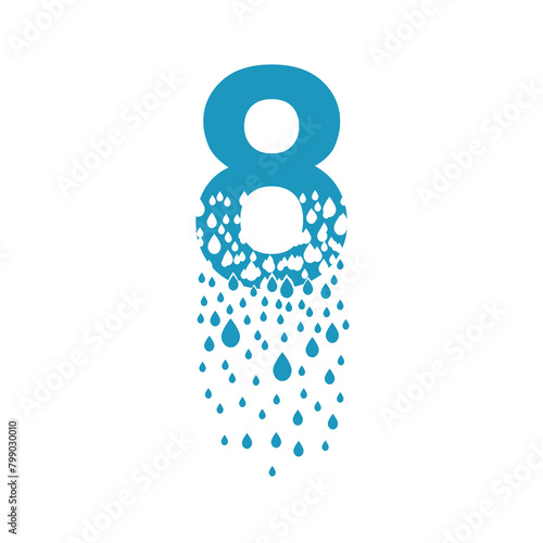 The number 8 dissolves into droplets. Drops of liquid fall out as precipitation. Destruction effect. Dispersion