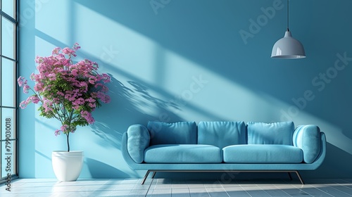   A blue couch situated in a living room, adjacent to a white vase holding purple flowers, and a light blue wall photo