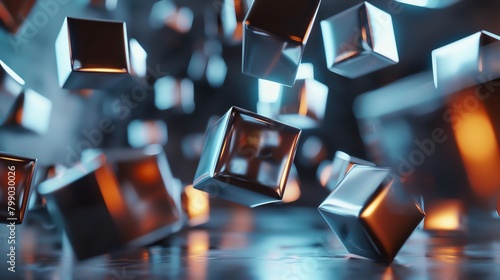 Floating 3D cubes, metallic finish, spotlight, eyelevel perspective photo