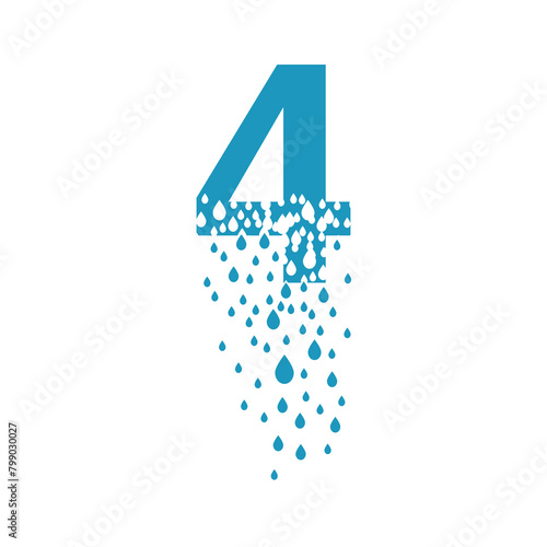 The number 4 dissolves into droplets. Drops of liquid fall out as precipitation. Destruction effect. Dispersion