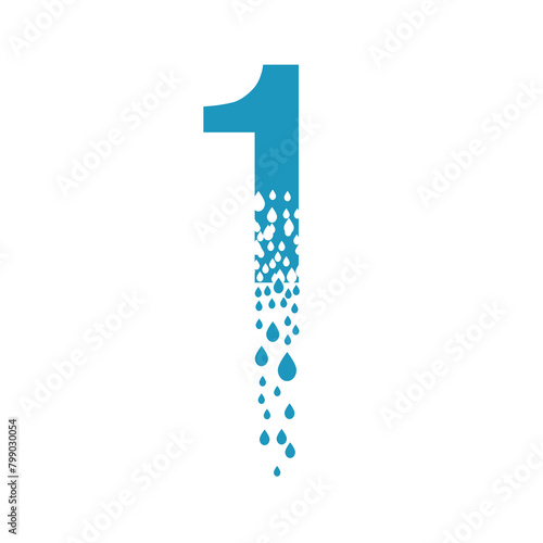 The number 1 dissolves into droplets. Drops of liquid fall out as precipitation. Destruction effect. Dispersion