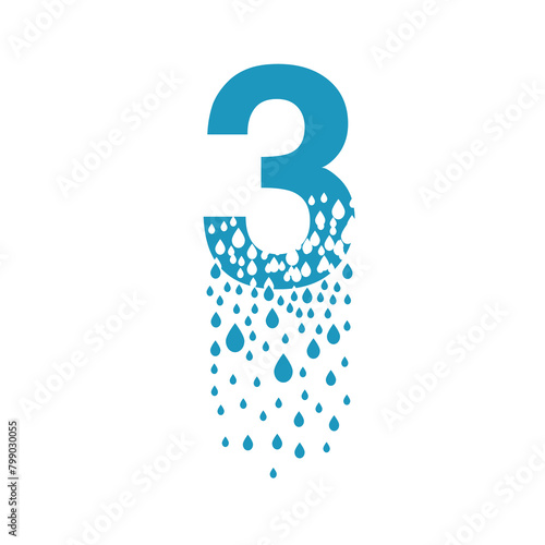 The number 3 dissolves into droplets. Drops of liquid fall out as precipitation. Destruction effect. Dispersion