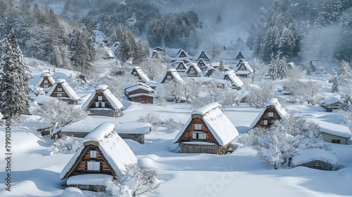 Bright sunlight reflects off snow-covered traditional Gassho-zukuri farmhouses in a picturesque Japanese village photo