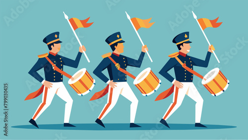 With each beat of the drums the honor guard exees a sharp turn their flags fluttering and twirling in perfect harmony a dazzling sight for all to. Vector illustration