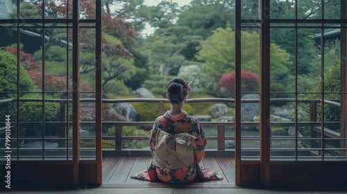 A Geisha in traditional kimono sits contemplatively in a serene Japanese garden facing away from the open doors