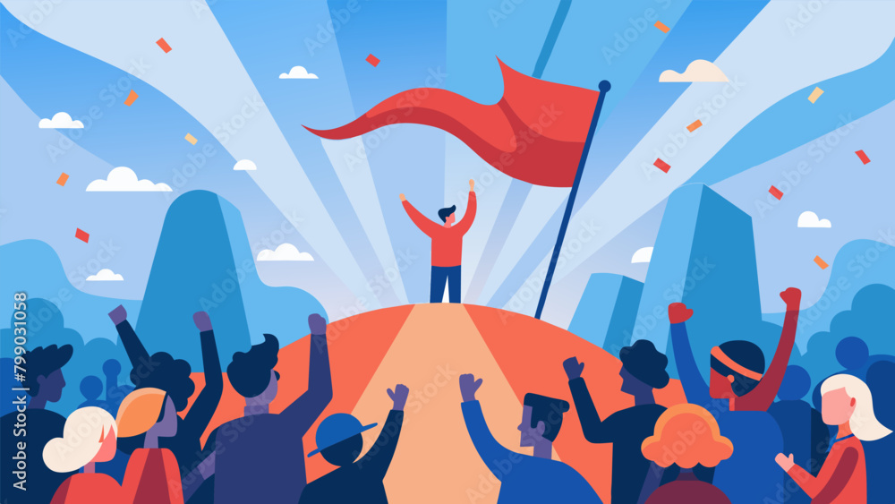 The sound of cheers and applause fills the air as the flag slowly unravels revealing its impressive size and beauty.. Vector illustration The sound of cheers and applause fills the air as the flag slowly unravels revealing its impressive size and beauty.. Vector illustration