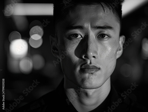 Intense Portrait of a Young Asian Man in High Contrast Black and White © Viktorikus