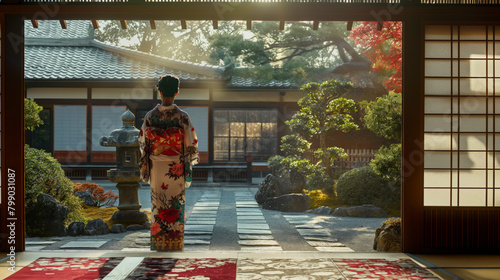 The warm sunlight bathes a traditional Japanese courtyard with a Geisha standing at the entrance in a vibrant kimono