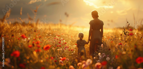 A mother and her child, both wearing light colored , stand in the middle of an open field filled with daisies under the golden sunset glow photo