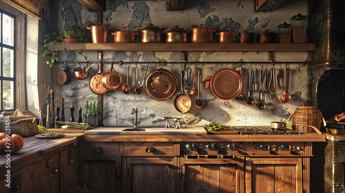 A cozy kitchen adorned with hanging copper pots and pans.