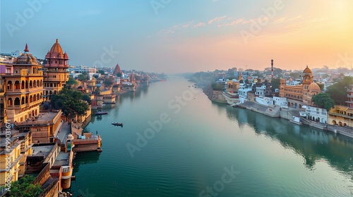 Panorama of a European city by the river at sunset with ancient architecture, boats, and a castle overlooking the skyline