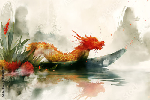 Dragon Boat Festival watercolor illustration, Chinese Dragon Boat Festival rice dumplings, legend of Qu Yuan, giant rice dumplings on the river, dragon boat, abstract watercolor painting