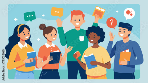 During a language lesson at a language school students use a combination of flashcards songs and hand gestures to learn new vocabulary and practice. Vector illustration