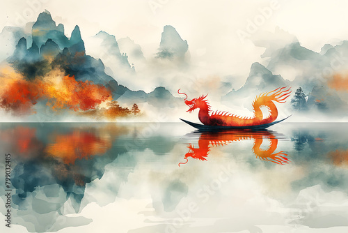 Dragon Boat Festival watercolor illustration, Chinese Dragon Boat Festival rice dumplings, legend of Qu Yuan, giant rice dumplings on the river, dragon boat, abstract watercolor painting