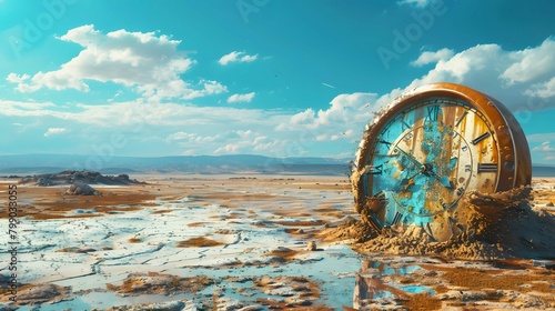 A surrealistic scene of a clock melting in a desert landscape representing the distortion of time