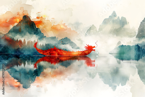 Dragon Boat Festival watercolor illustration, Chinese Dragon Boat Festival rice dumplings, legend of Qu Yuan, giant rice dumplings on the river, dragon boat, abstract watercolor painting photo
