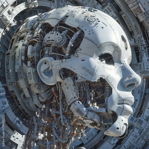 A giant robot head made of metal parts