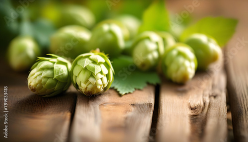 A single fresh hop on a wooden background with a rustic and vintage aesthetic photo