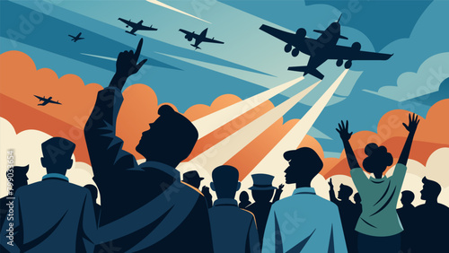 Spectators point and cheer as classic warplanes streak through the sky their silhouettes instantly recognizable to those who lived through the era.. Vector illustration