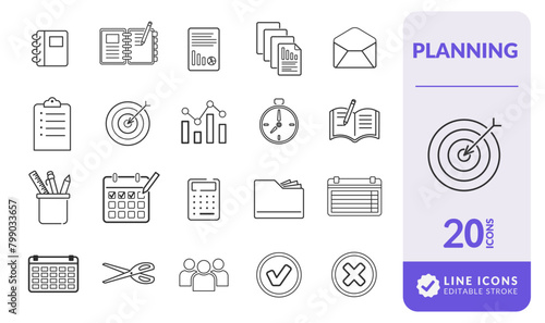 Editable line planning icon sets control target results organization clients folders supplies and charts commercial thin line modern vector illustration Pictograms and infographics for mobile apps.