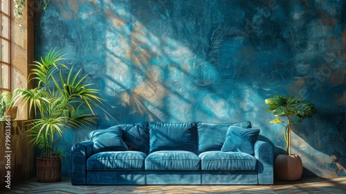  A blue couch faces a blue wall; both are adorned with identical potted plants on either side photo