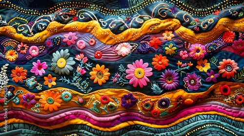 A textile artwork featuring intricate embroidery of decorating material Lace Backgrounds inspired by traditional folk art