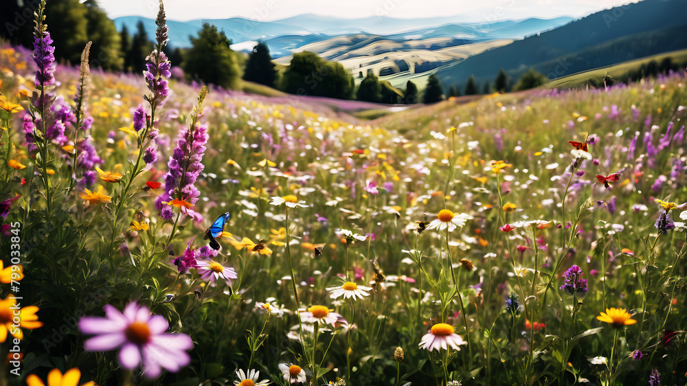 A vibrant field of wildflowers stretching to the horizon, alive with the buzz of bees and the flutter of butterflies
