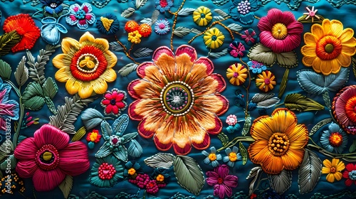 A textile artwork featuring intricate embroidery of decorating material Lace Backgrounds inspired by traditional folk art