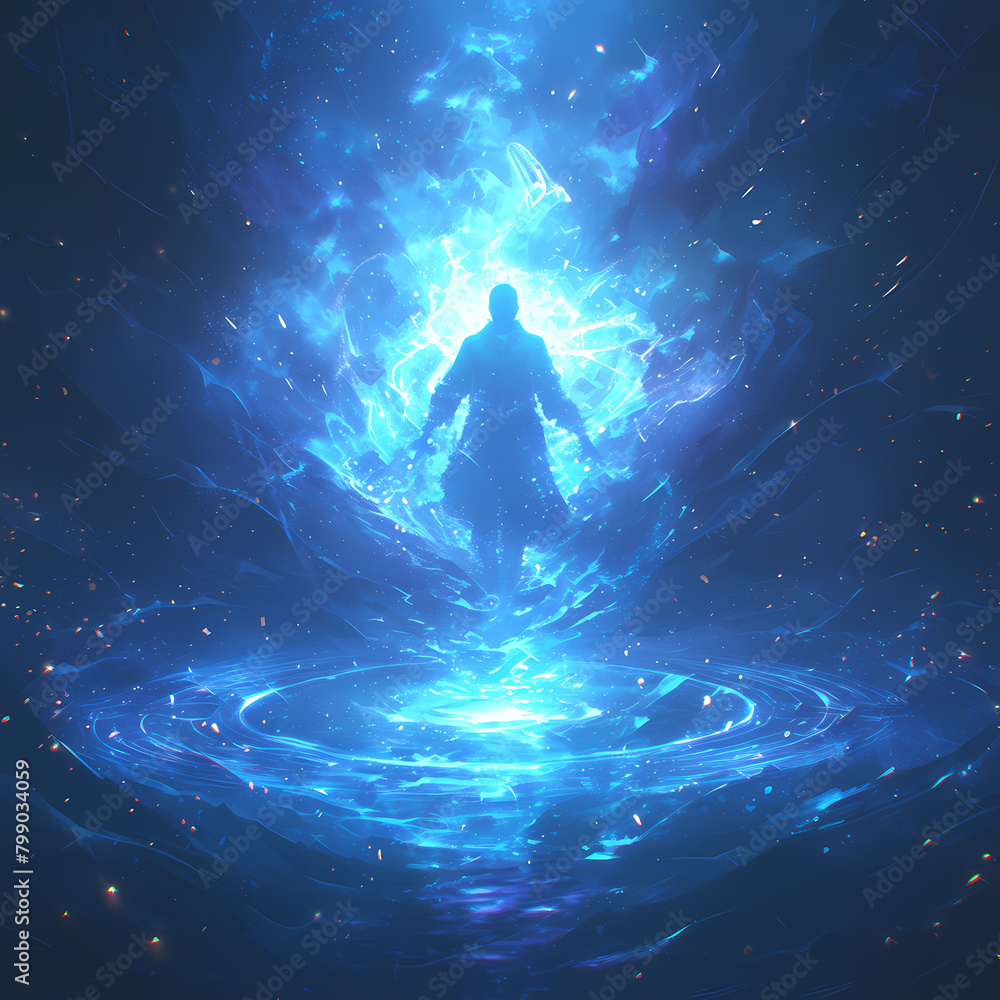 Heroic Silhouette with Pulsating Blue Energy Aura, Surrounded by Magic Swirls and Nebula