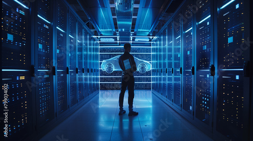 man standing in a server room looking at a tablet, with a holographic projection of a car in front of him