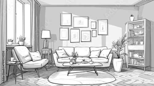 Monochrome drawing of interior of living room with
