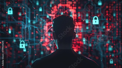 Man contemplating a digital network of security padlocks in a cyber-themed backdrop. Created with Generative AI
