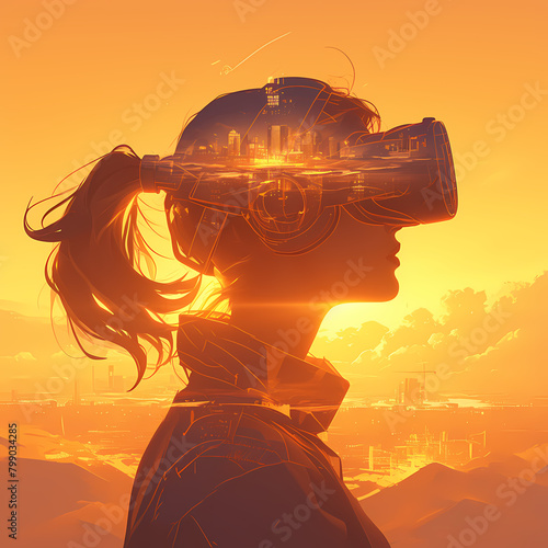 Ladies' Side-Profile View in a VR Headset with Cityscape Background photo
