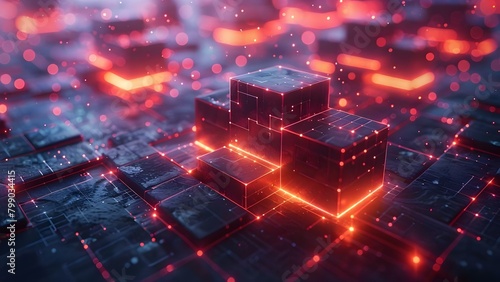 Futuristic D rendering of interconnected blocks transferring large amounts of data. Concept Futuristic Technology, Data Transfer, 3D Rendering, Interconnected Blocks, Futuristic Network
