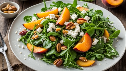 Salad of arugula, nuts, peaches and goat cheese.