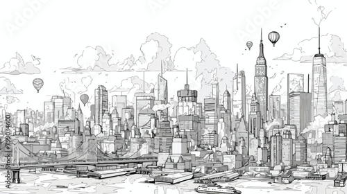 Monochrome outline cityscape with skyscrapers bridg