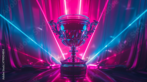 Neon lights embrace the triumphant cup, casting a radiant spectacle.